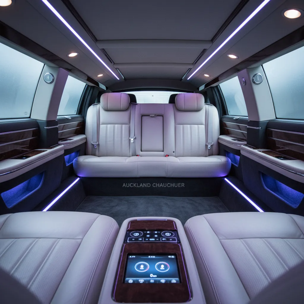 Interior of luxury limousine with advanced safety features for school ball transport
