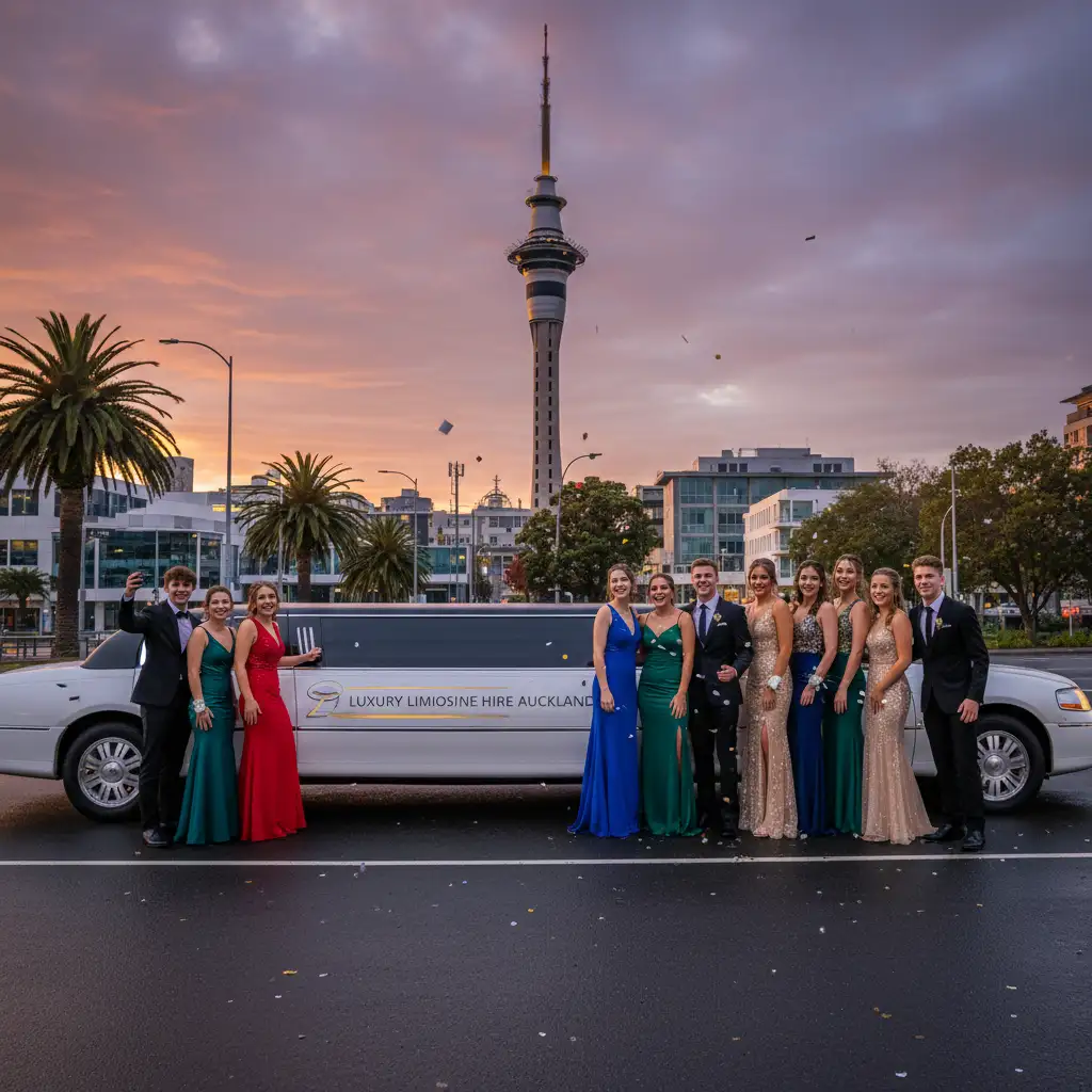 Prom-goers posing with limousine in front of Auckland SkyCity Tower