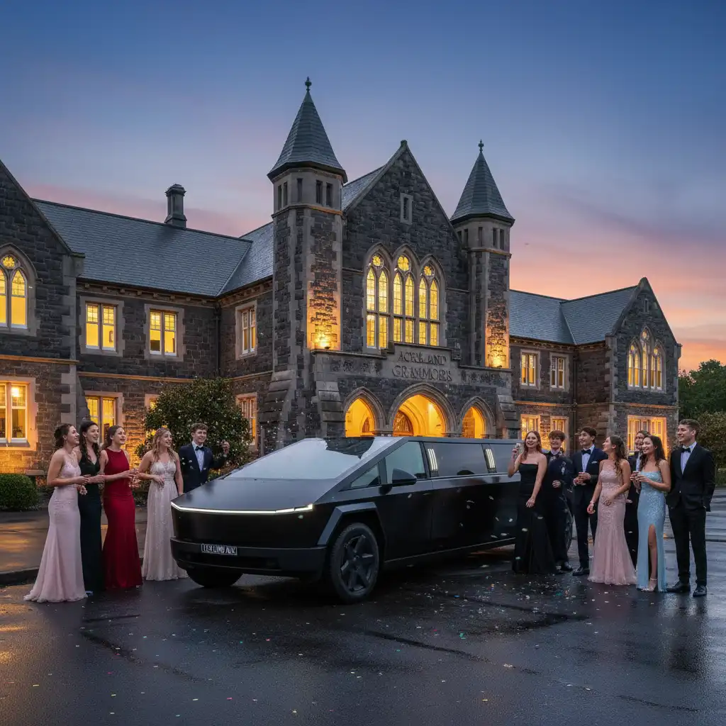 Affordable school ball limos Howick parked at school