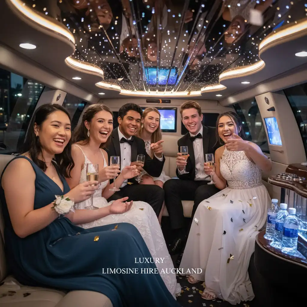 Happy teenagers inside an affordable school ball limo Howick