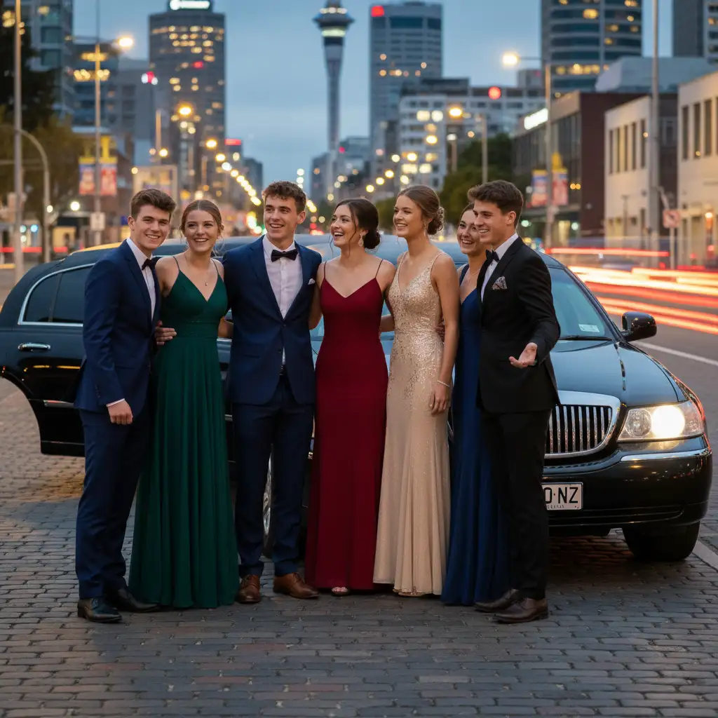 Luxury car hire for high school events Auckland students posing