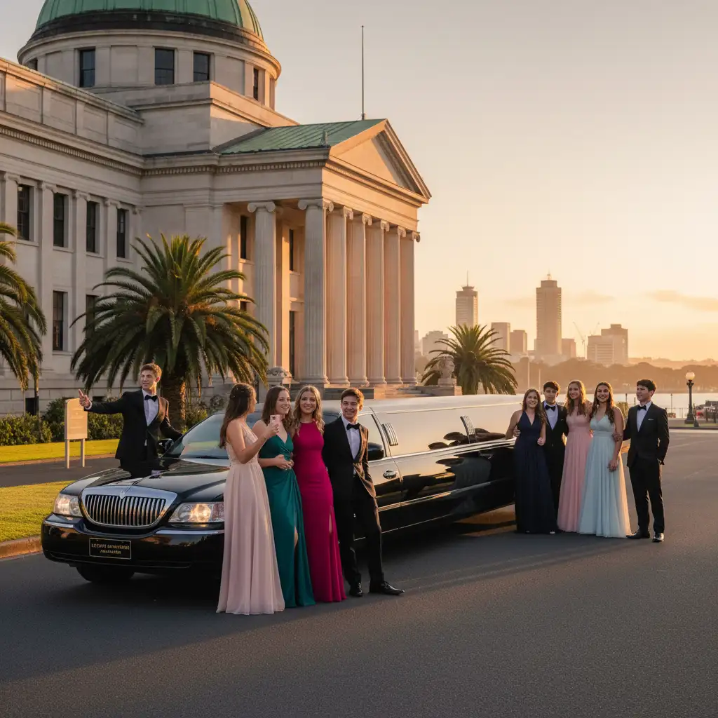 Luxury limousine at a historic Auckland building for school ball photos