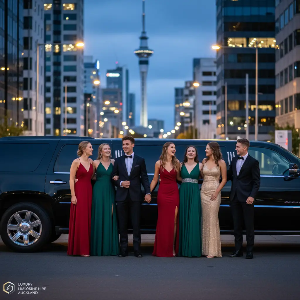 Happy teenagers taking school ball photos with a limo in Auckland