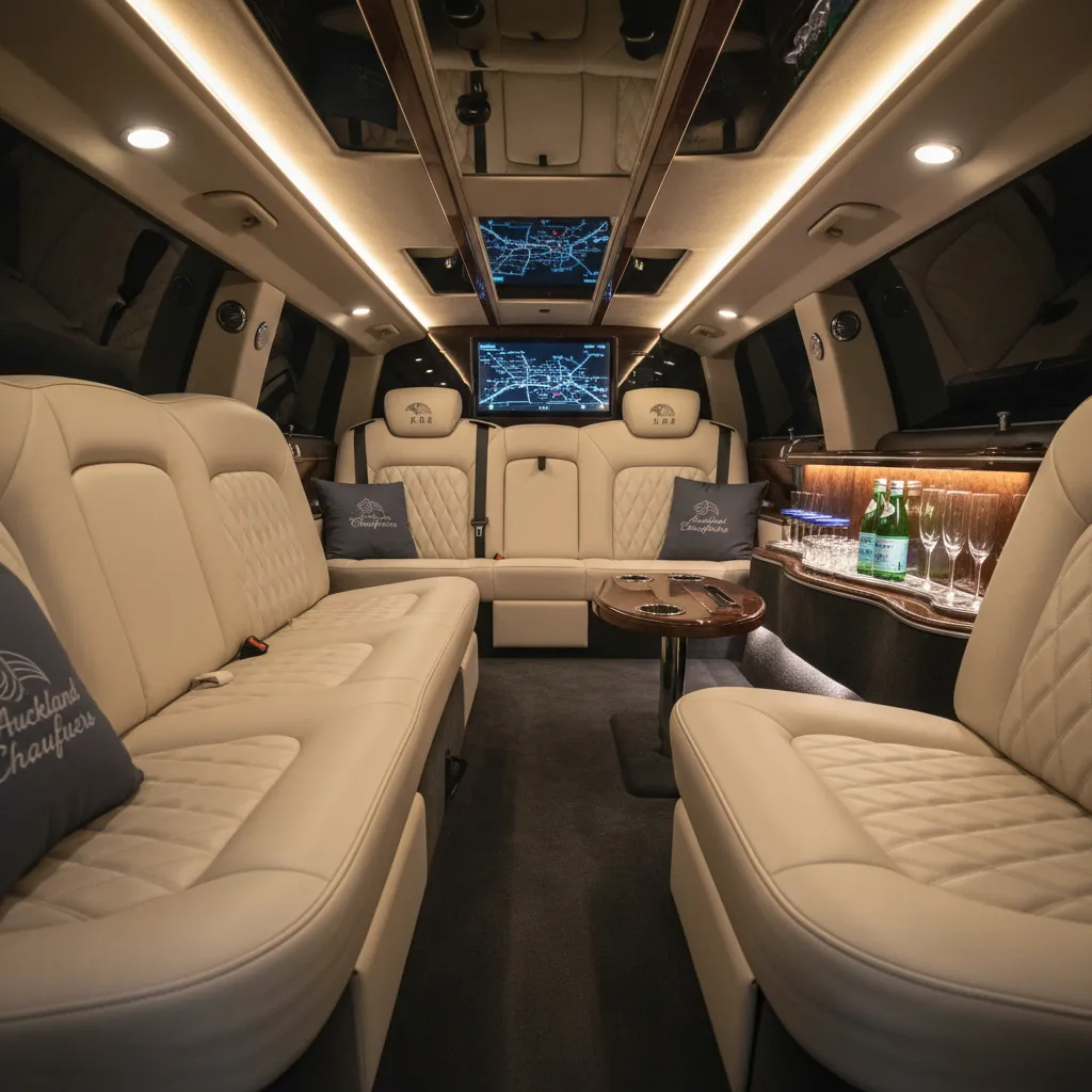 Interior of a luxury limousine for comfortable airport transfers Auckland