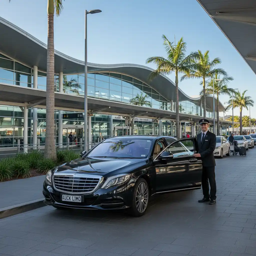 Luxury sedan at Auckland Domestic Terminal for premium airport transfer
