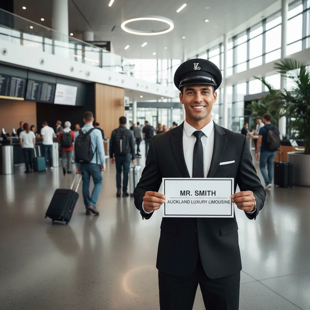 Professional chauffeur greeting client at Auckland Domestic Terminal