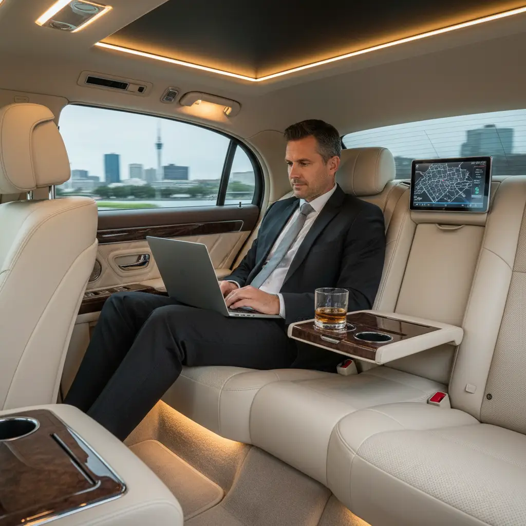 Executive working productively in a luxury corporate airport chauffeur AKL vehicle