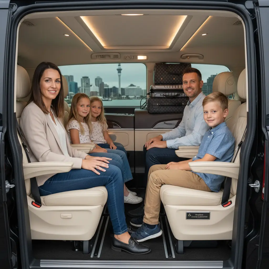 Spacious luxury SUV interior for family airport travel in Auckland