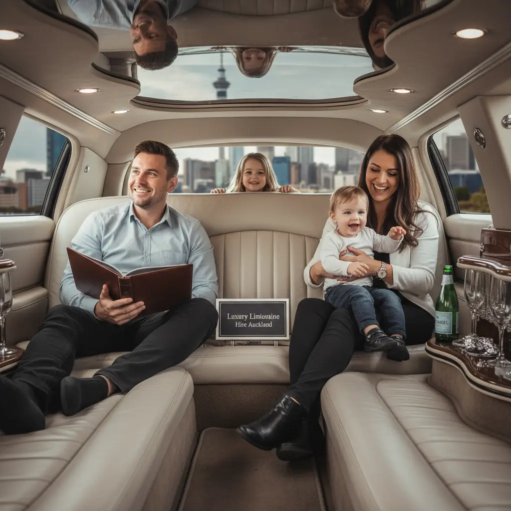 Relaxed family enjoying a stress-free airport limousine transfer in Auckland