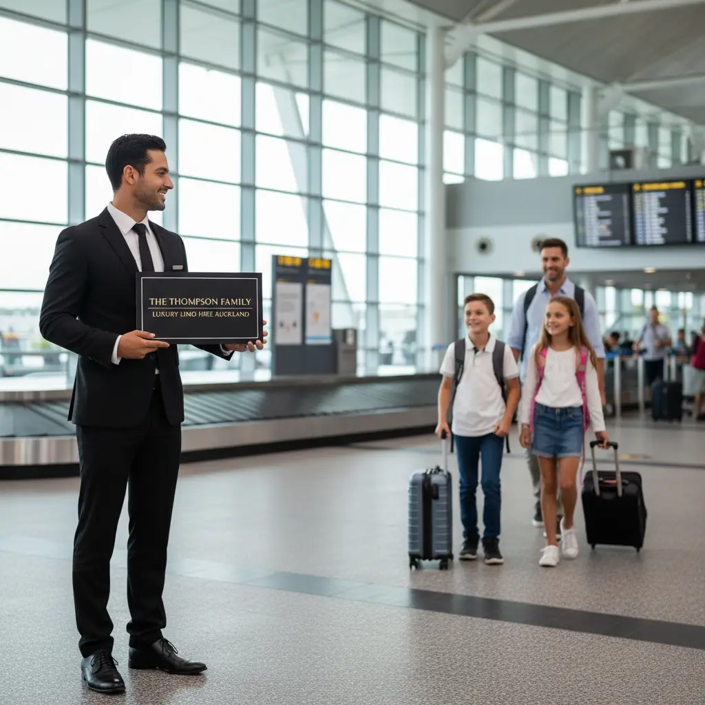 Professional chauffeur greeting a family at Auckland Airport for luxury transfer