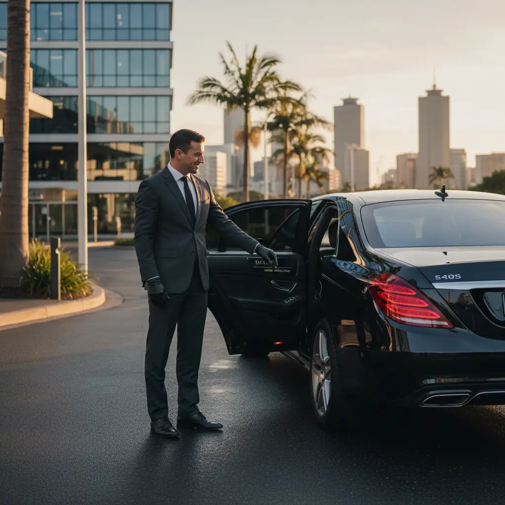 Professional chauffeur opening limousine door in Auckland