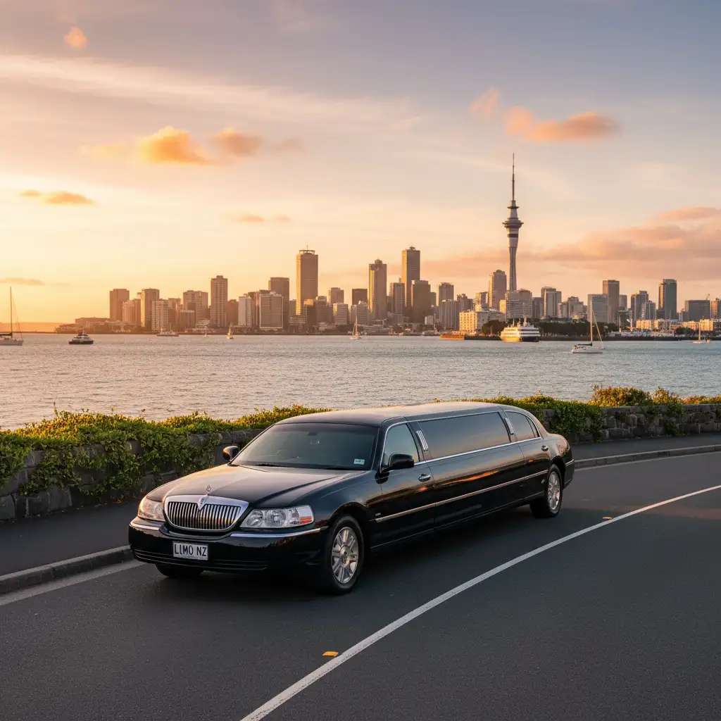 Luxury limousine parked overlooking Auckland Harbour, ideal for sightseeing tours