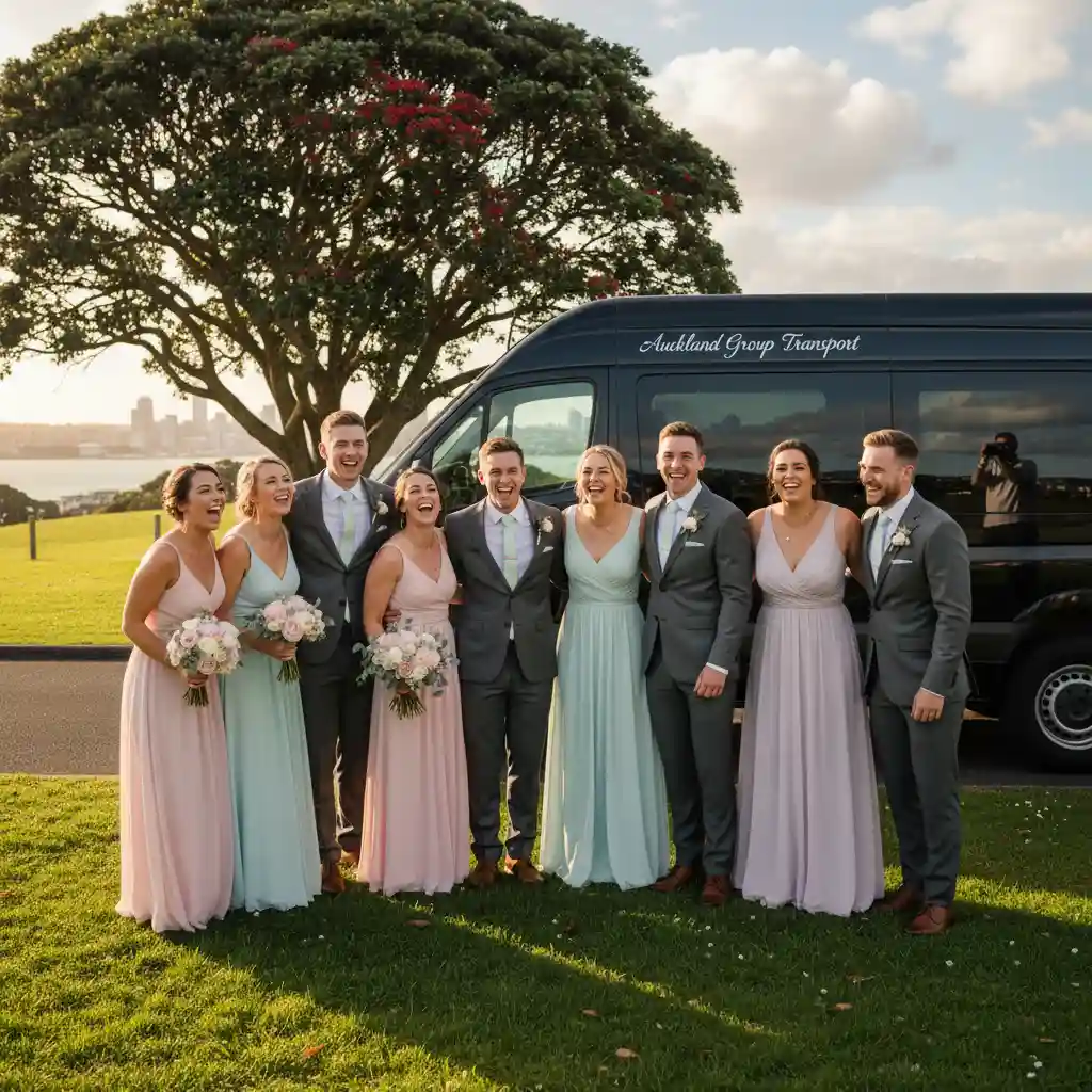 Bridal party arriving for photo shoot in Auckland