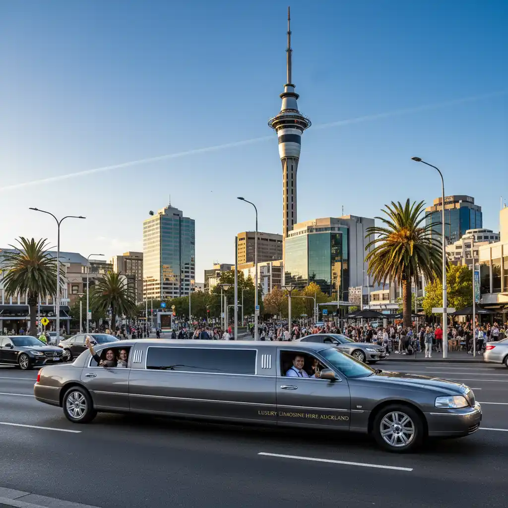 Limousine driving past Auckland Sky Tower on a sightseeing tour