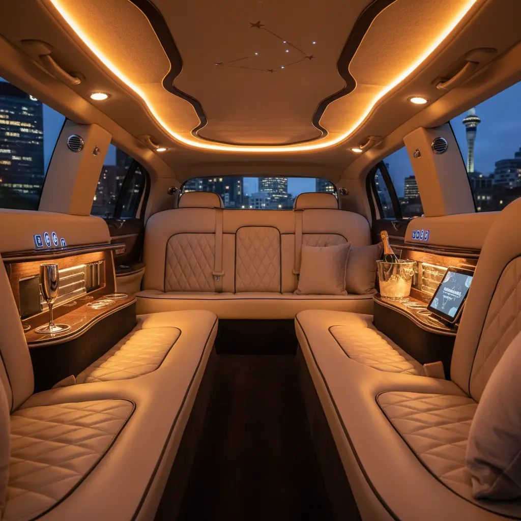 Luxurious interior of a limousine for comfortable Auckland tours