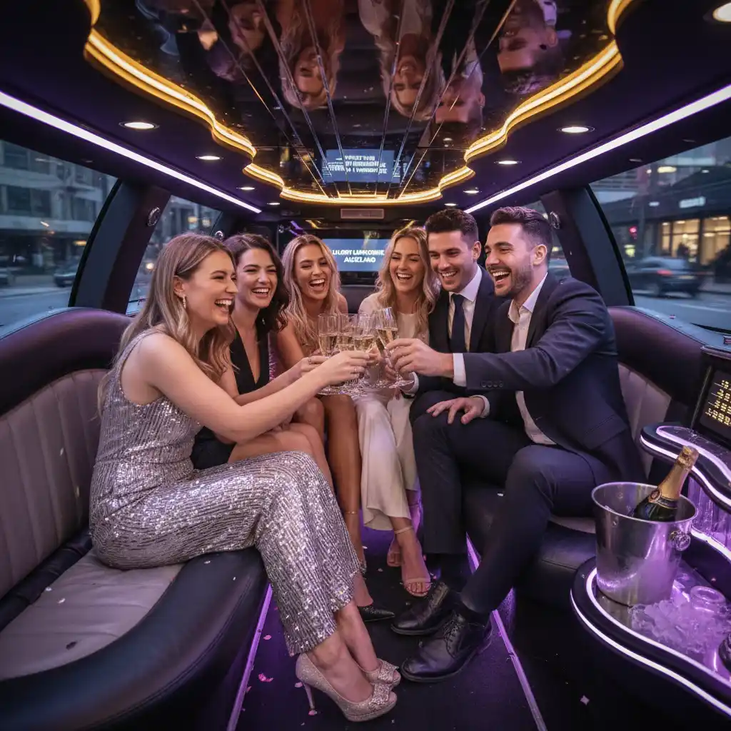 Friends enjoying luxury limo transport to a Mt Smart concert