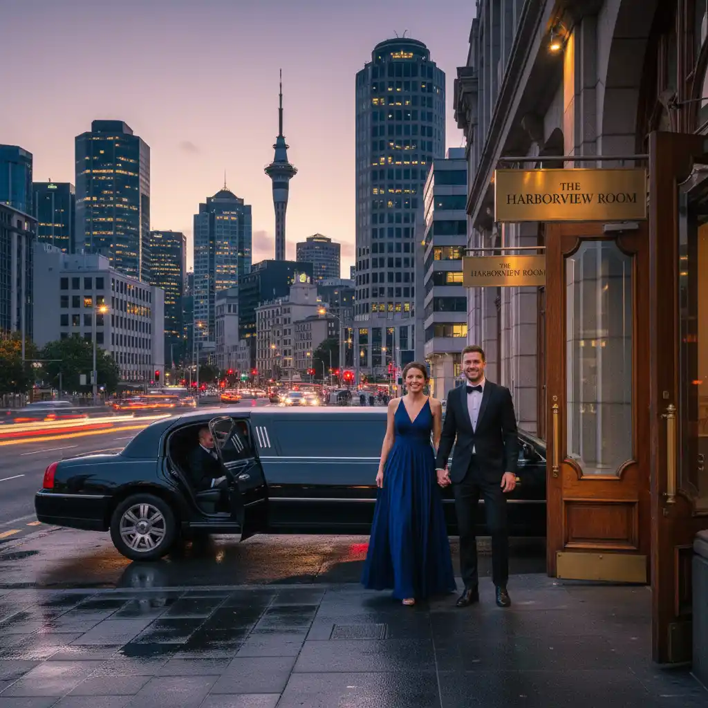Couple enjoying luxury sedan hire in Auckland for a special occasion