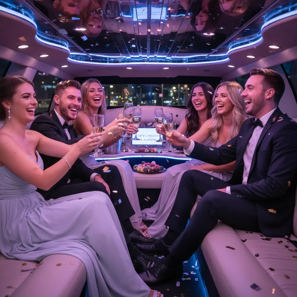 Happy group celebrating inside stretch limousine hire Auckland
