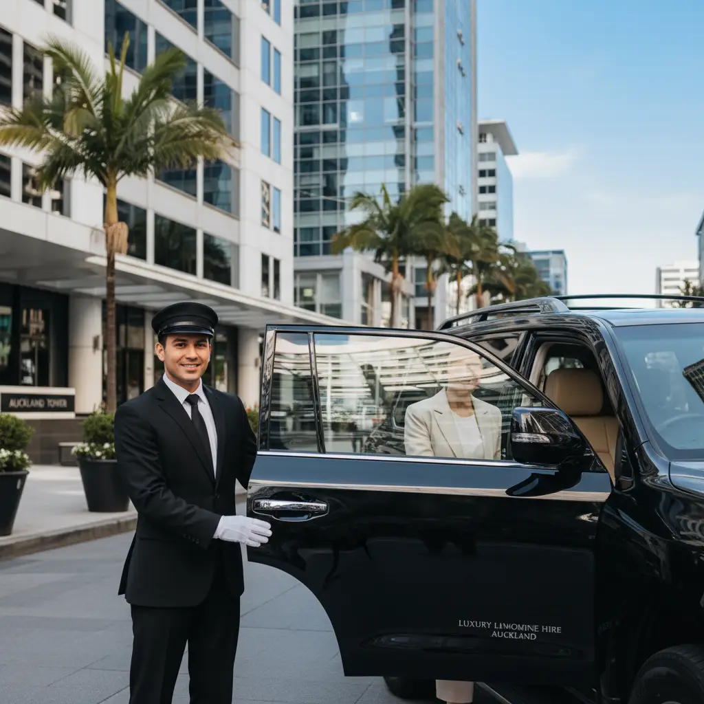 Chauffeur opening door for luxury SUV rental Auckland client