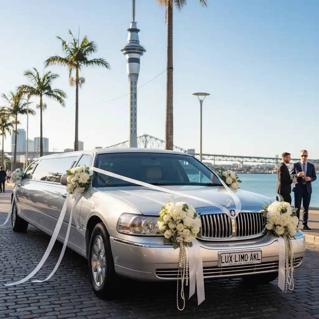 Decorated wedding limousine ready for ceremony in Auckland