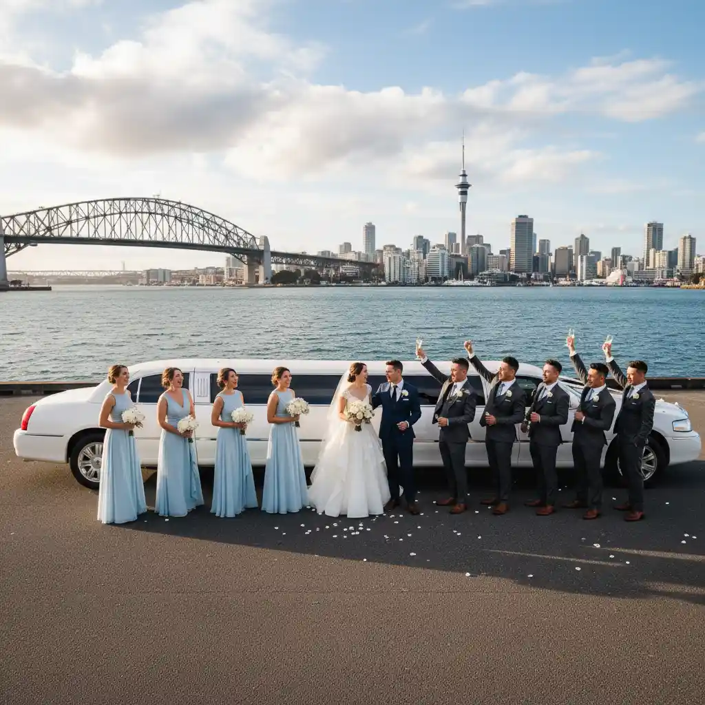 Wedding party celebrating with luxury limousine and Auckland views