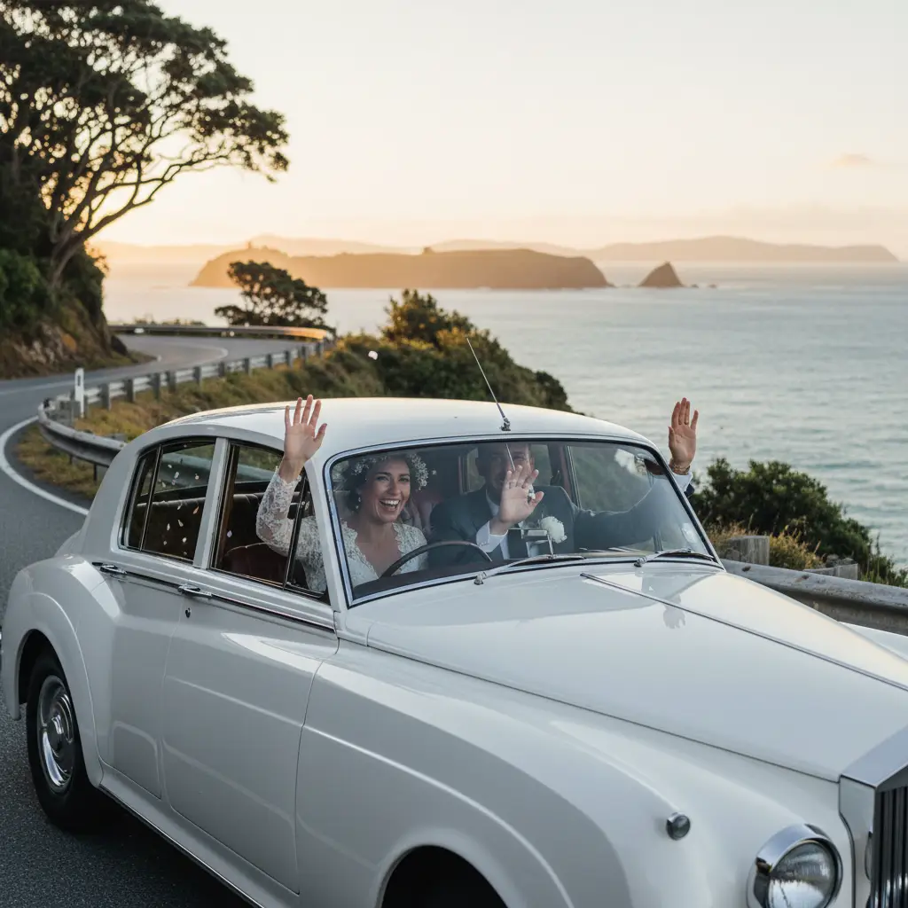 Happy couple in wedding car North Shore