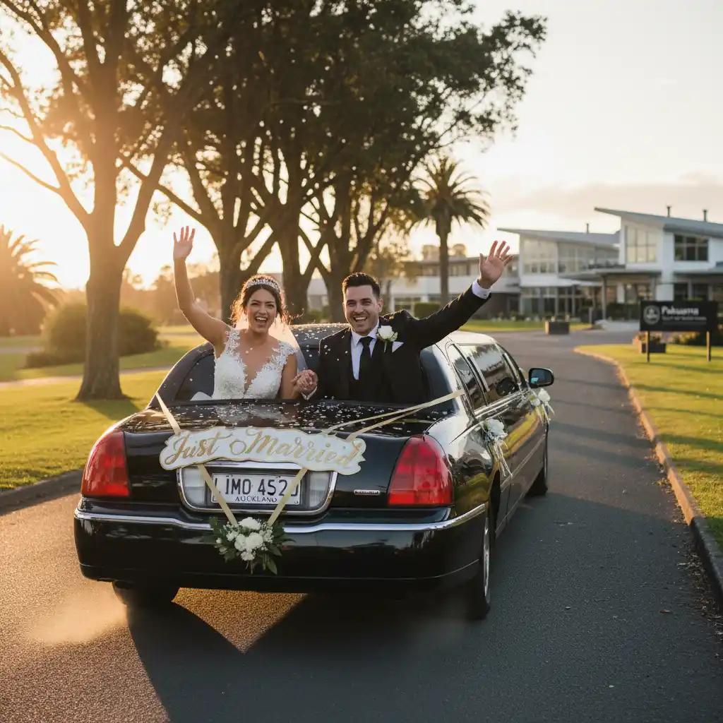 Happy couple luxury bridal transport Pakuranga