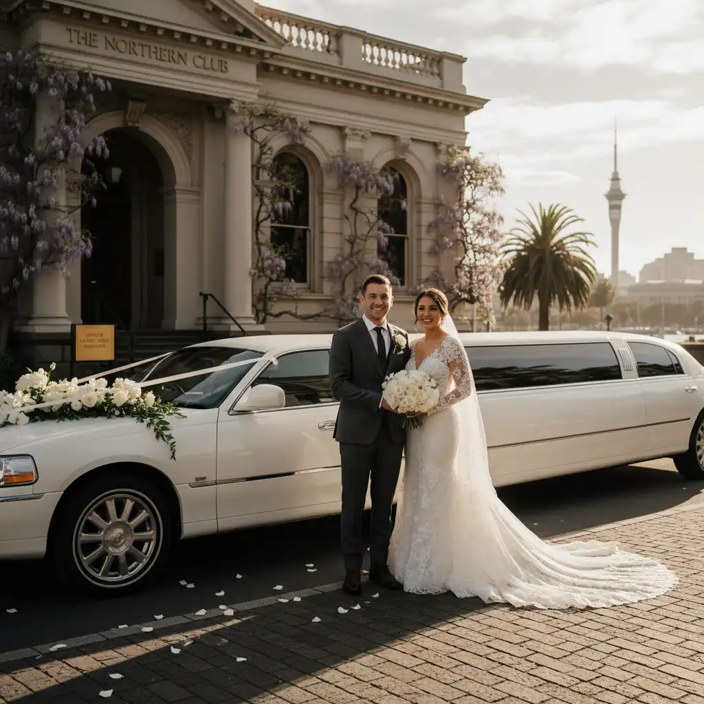 Luxury white wedding limo packages Auckland