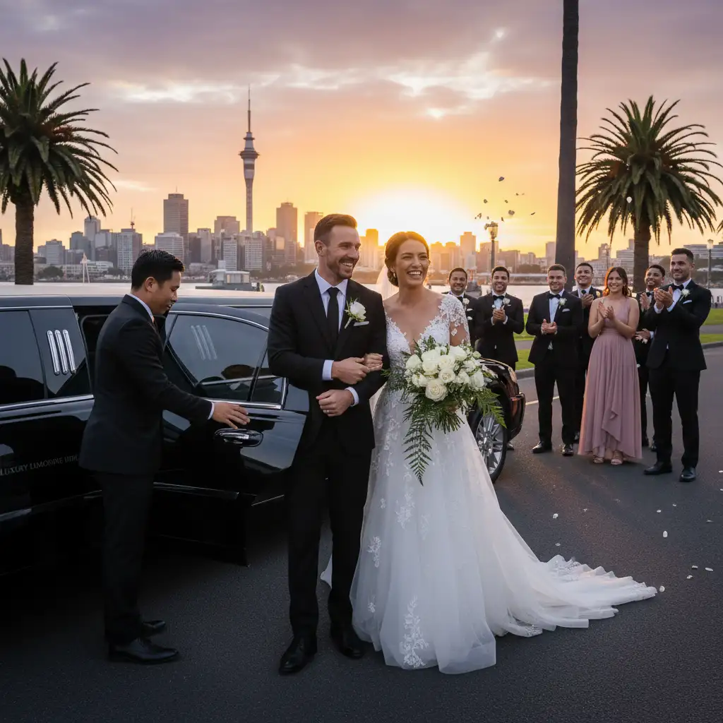 Bride and groom exiting wedding limo in Auckland