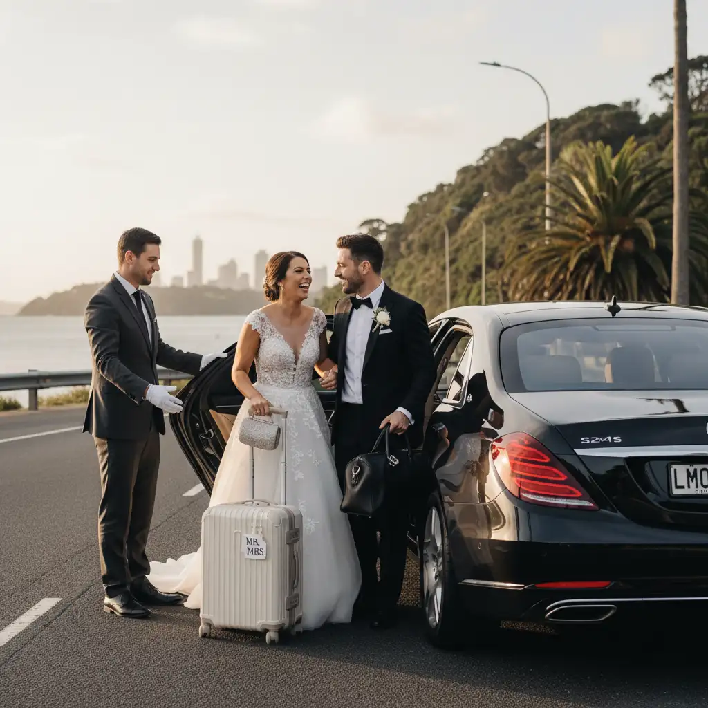 Couple booking honeymoon airport transfer Auckland after wedding