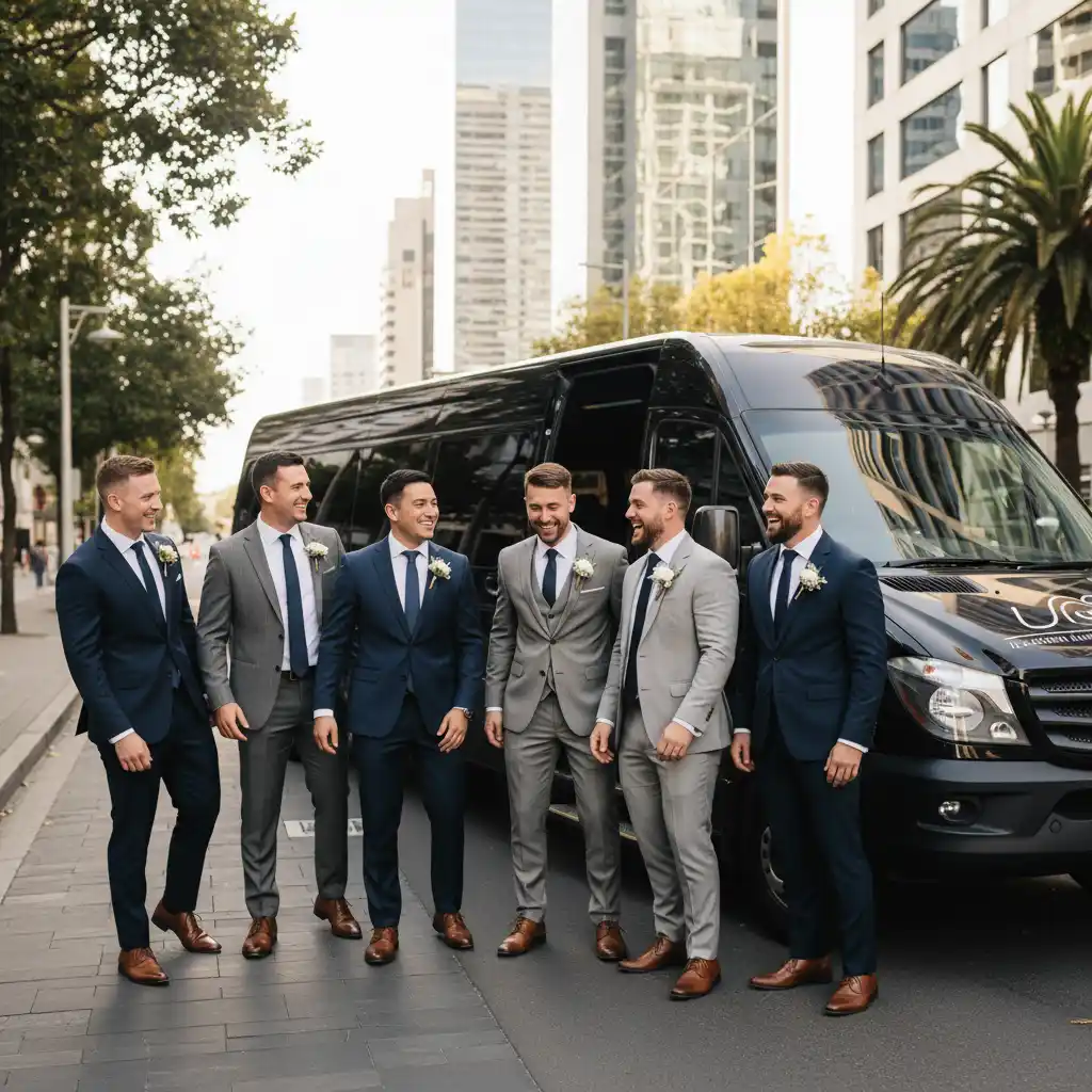 Groomsmen arriving in style with luxury transport hire Auckland CBD