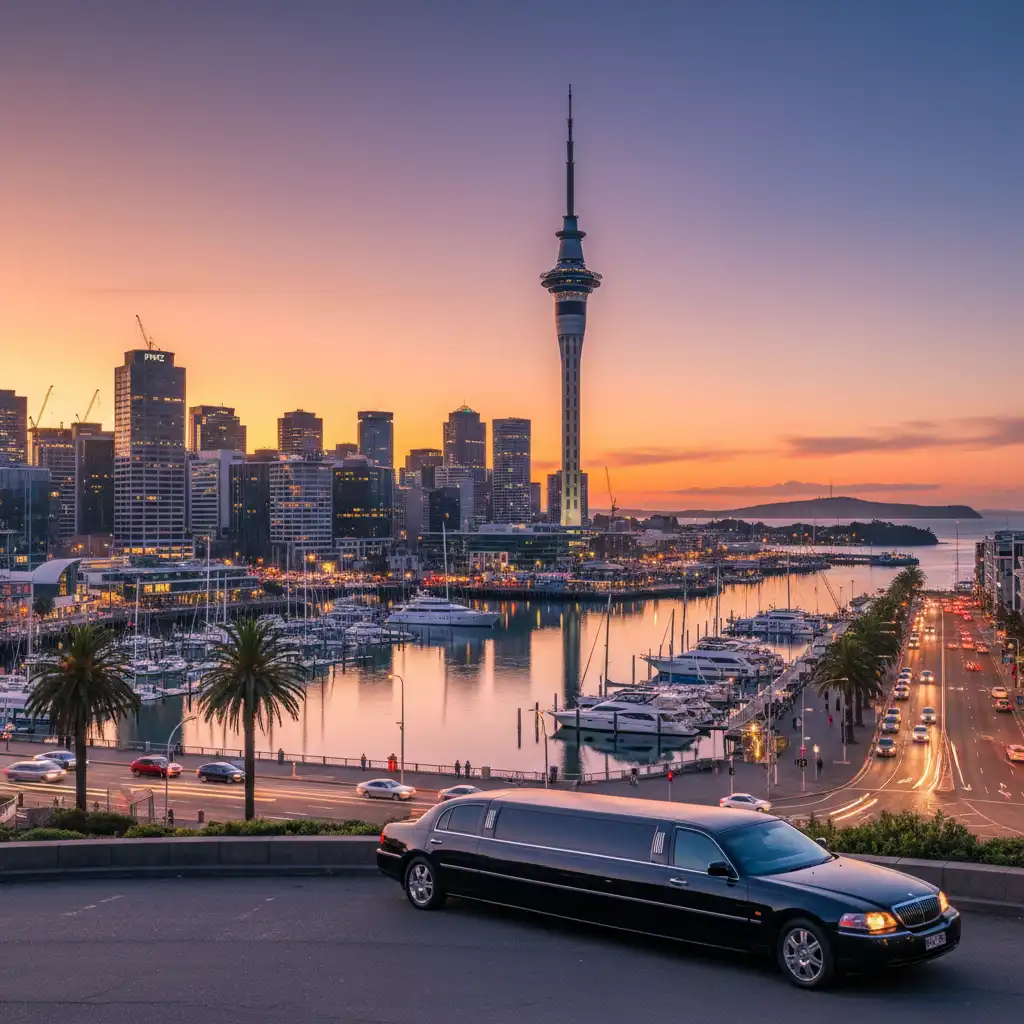 Auckland CBD skyline with luxury transport in foreground