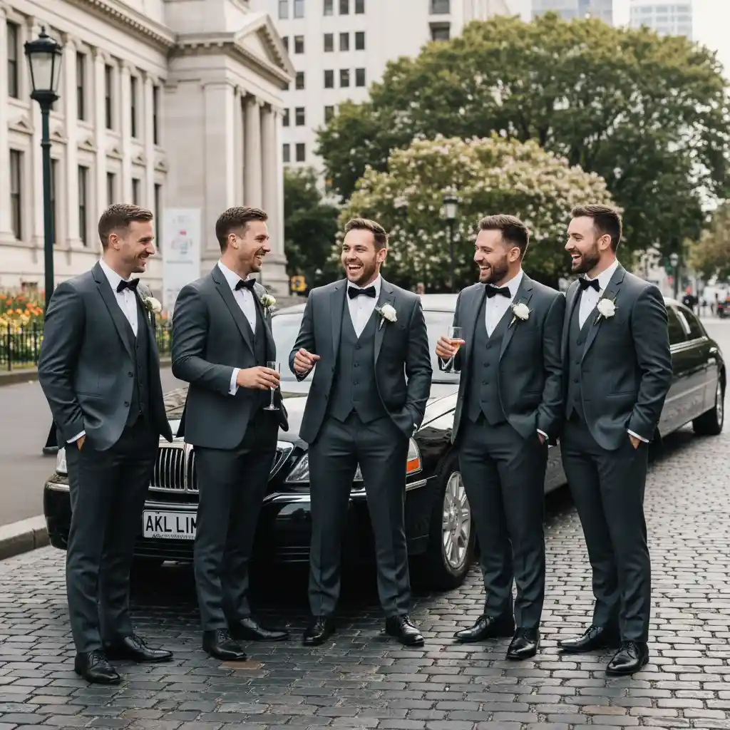 Groomsmen enjoying luxury transport and coordinated arrival in Auckland