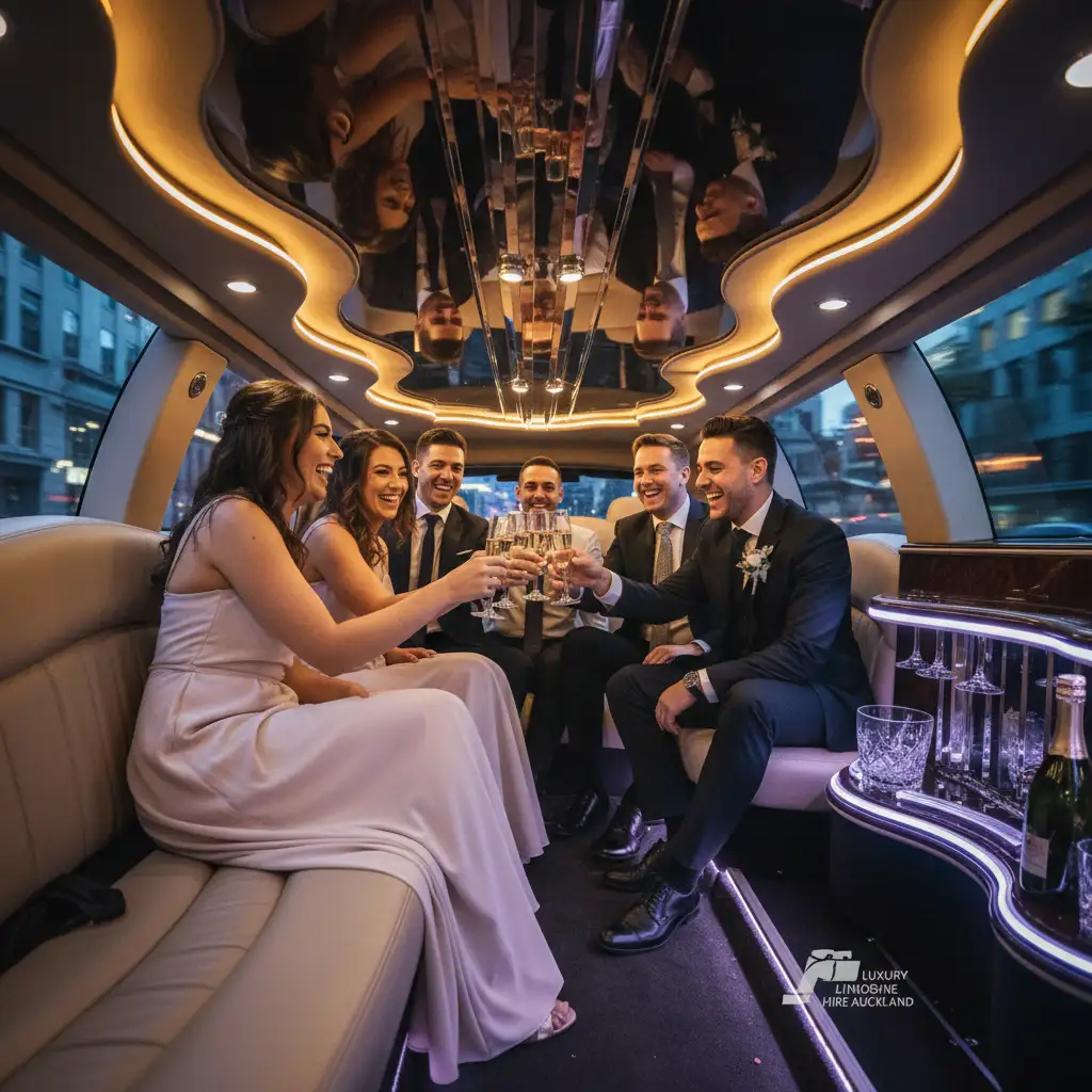 Bridal party toasting inside a luxury limousine in Auckland