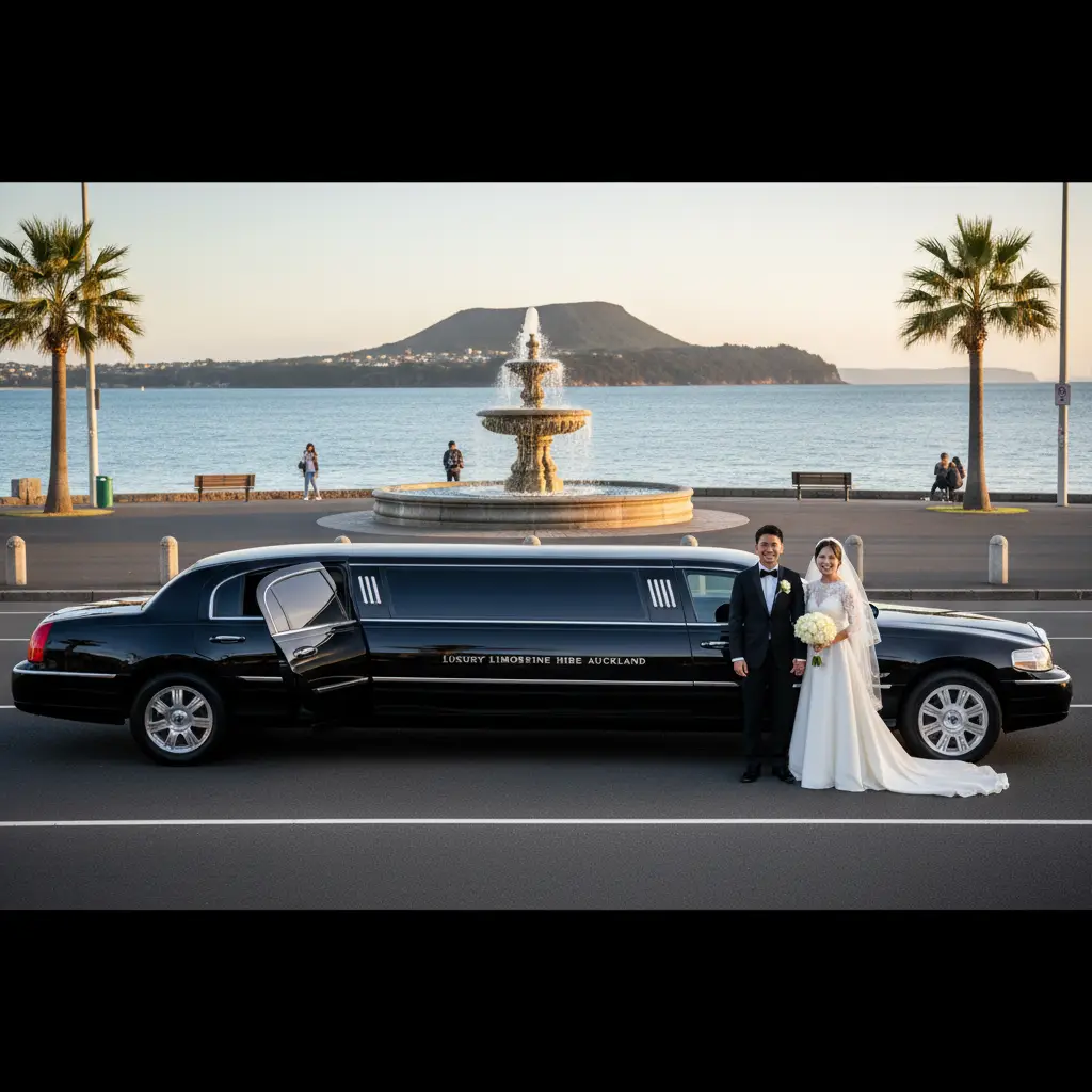 Black luxury limousine at Mission Bay, Auckland for wedding photos
