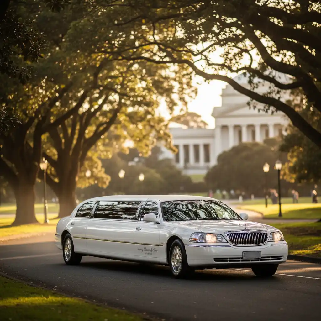 White wedding limousine driving through Auckland Domain