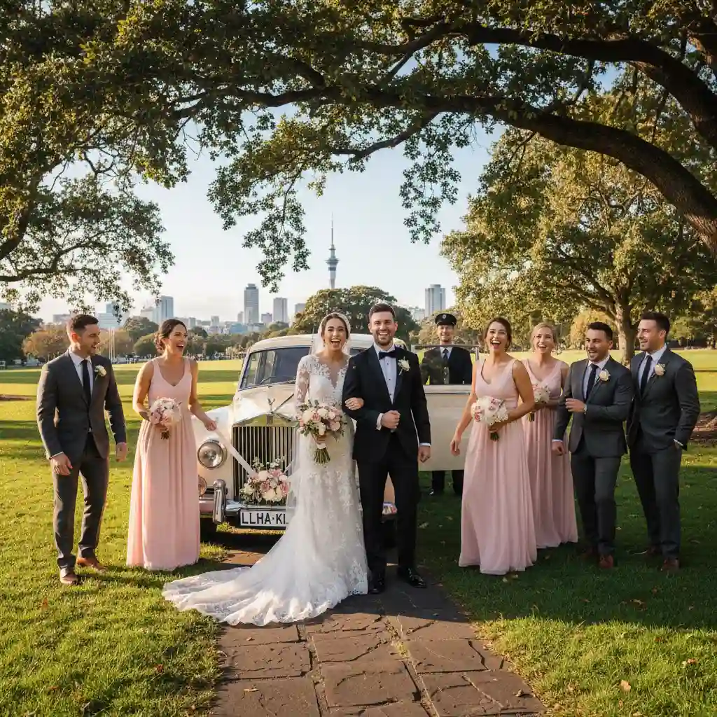Auckland wedding party with vintage Rolls-Royce limousine