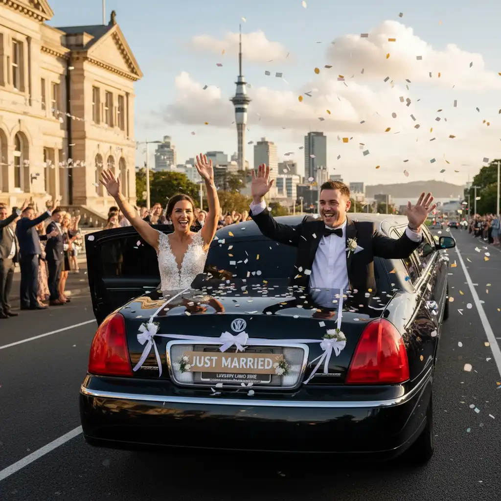 Just Married couple in luxury limousine Auckland