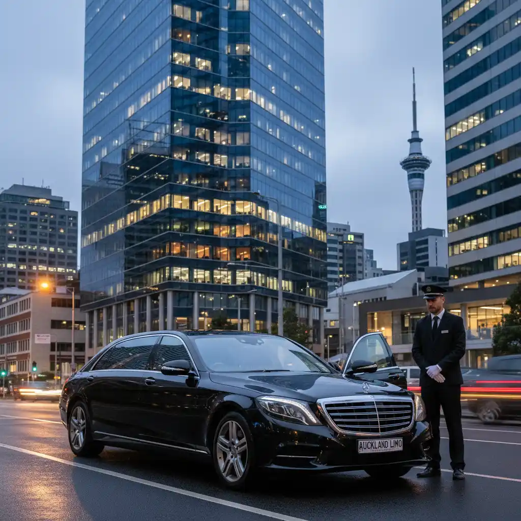 Luxury corporate limousine parked outside an Auckland business tower