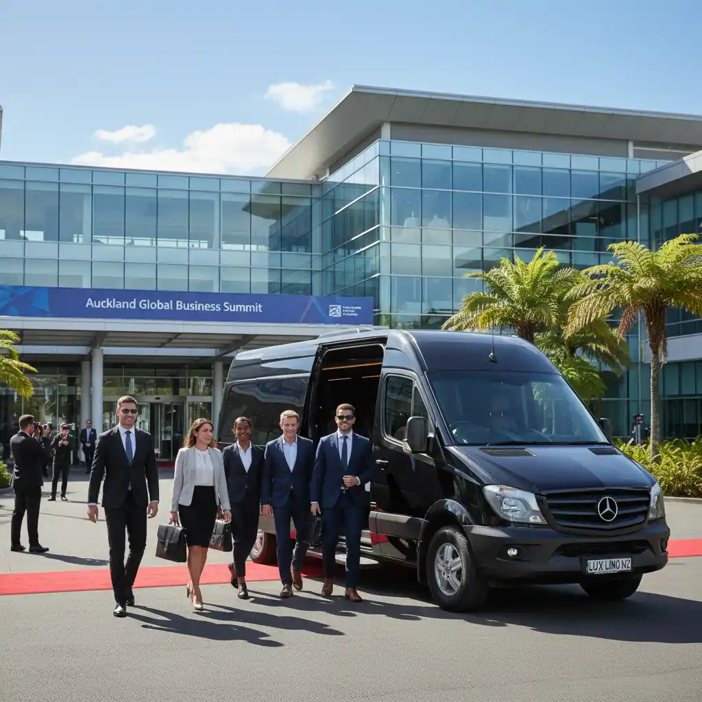 Business professionals arriving at a conference in a luxury executive van