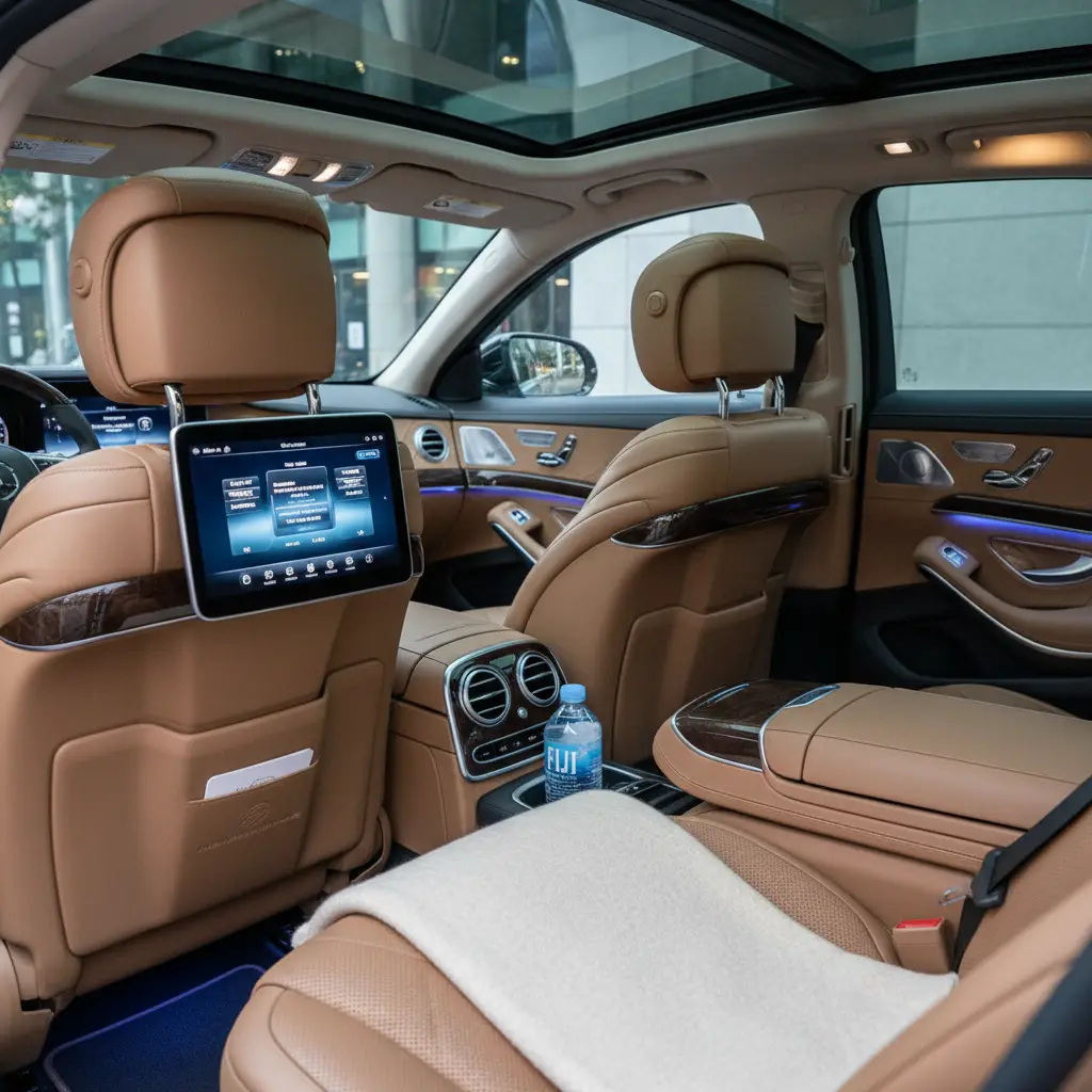 Luxury interior of a corporate limousine in Auckland with plush leather and amenities