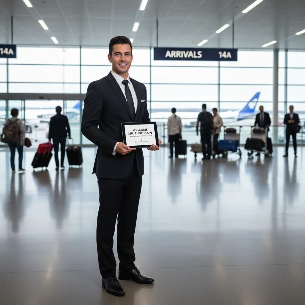 Professional chauffeur meeting client at Auckland Airport for business