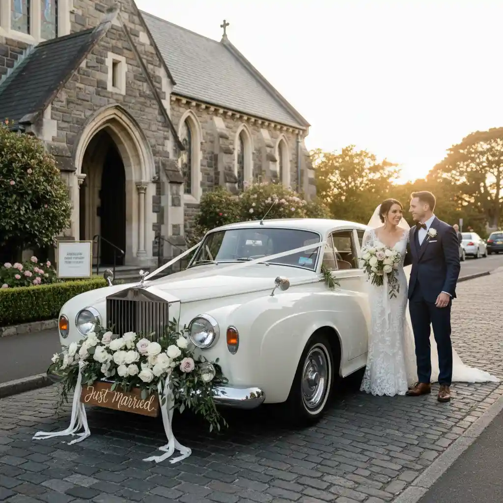 Luxury bridal car and elegant transportation for wedding party