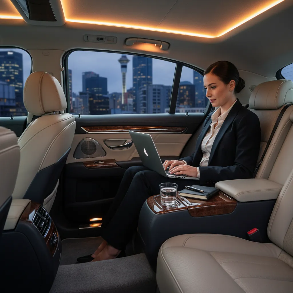 Executive working in a luxury car during airport transfer Auckland