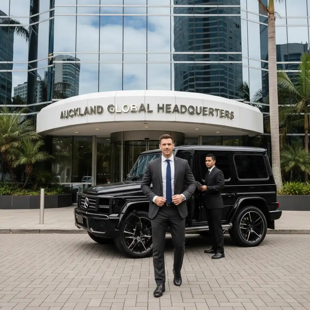 Confident executive arriving with luxury airport transfer