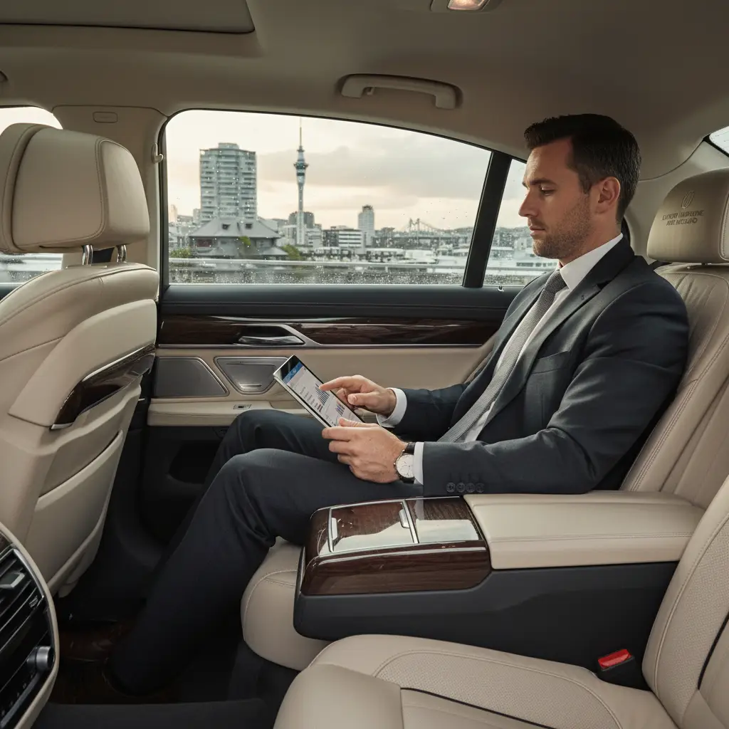 Executive working productively in a luxury car for Auckland meetings