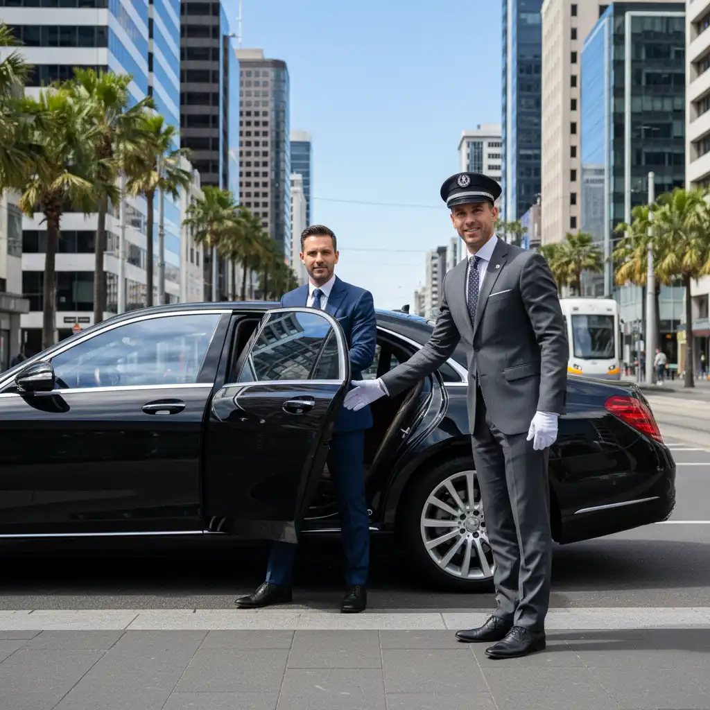 Professional chauffeur providing luxury car service for meetings in Auckland