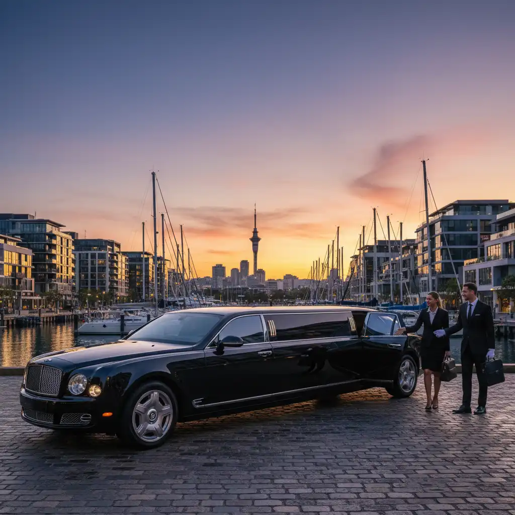 Luxury Client Entertainment Limousine Auckland parked at Viaduct Harbour