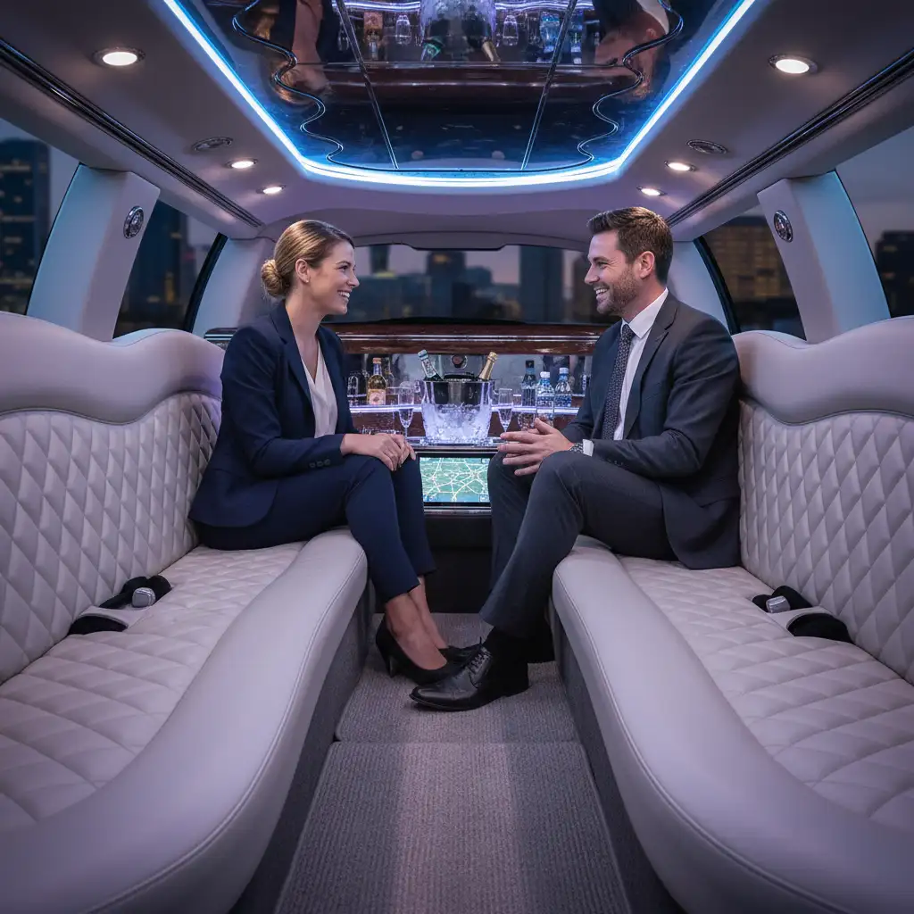 Luxury limousine interior designed for client entertainment in Auckland