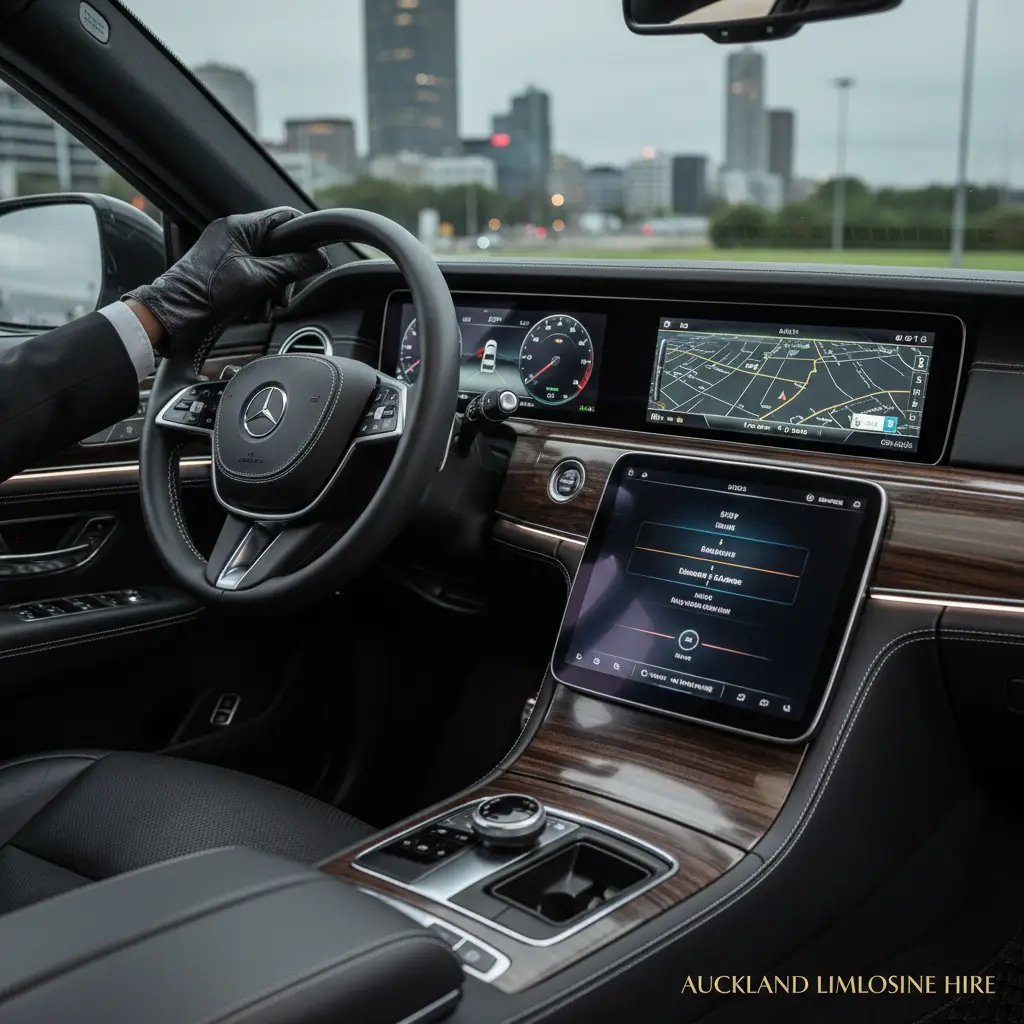 Luxury sedan interior and professional chauffeur for client transport Auckland